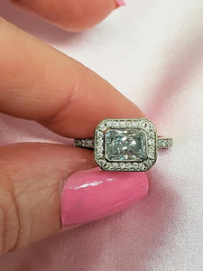 1 1/2ct Radiant Cut Sideways Set Diamond Halo Engagement Ring in Platinum