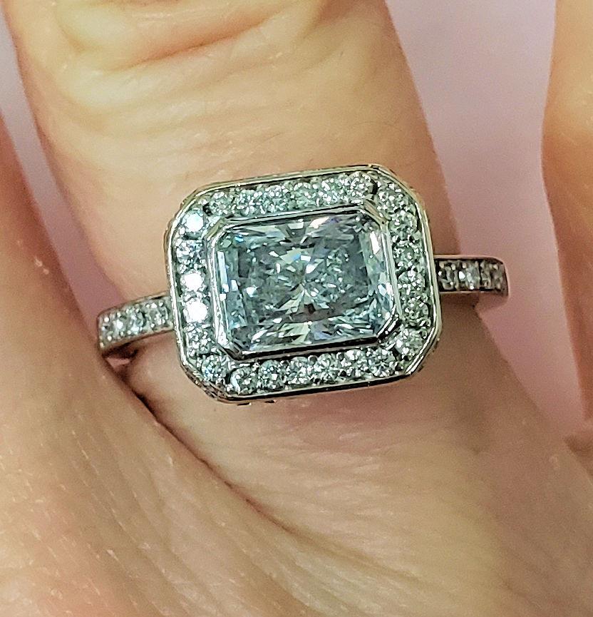 1 1/2ct Radiant Cut Sideways Set Diamond Halo Engagement Ring in Platinum
