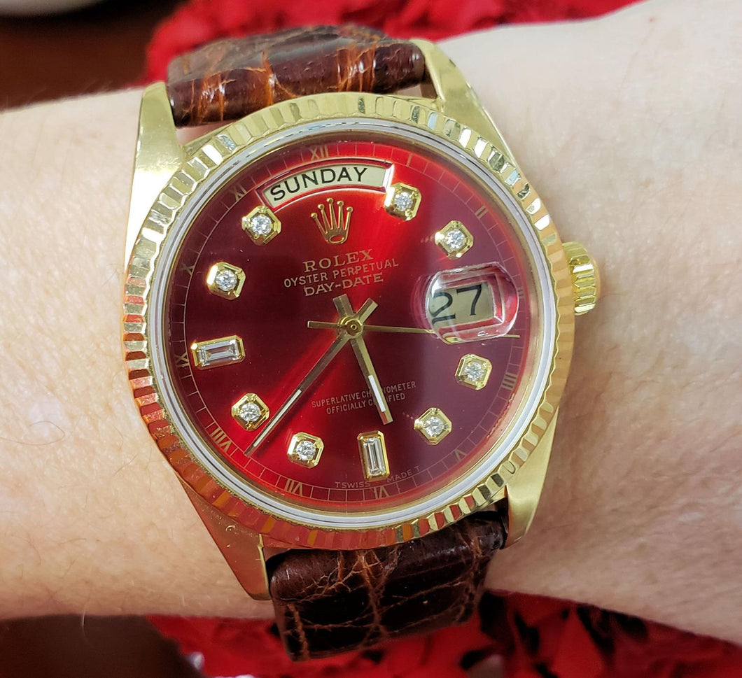 1978 Rolex Day Date 36mm President 18k Yellow Gold Auto Red Diamond Dial 18038