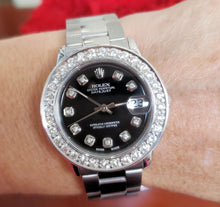 Load image into Gallery viewer, Ladies 31mm Rolex Datejust Mid-Size Steel Oyster Black 2ct Diamond Papers 68240