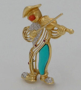 18k Yellow Gold Diamond Ruby Coral Turquoise Clown Violinist Pin Brooch