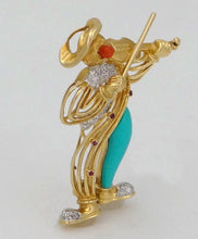 Load image into Gallery viewer, 18k Yellow Gold Diamond Ruby Coral Turquoise Clown Violinist Pin Brooch