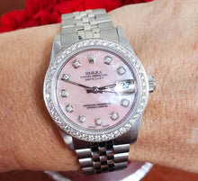 Load image into Gallery viewer, Ladies 31mm Mid-Size Rolex Datejust Stainless Jubilee 1ct Diamond Pink MOP 68274