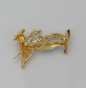 18k Yellow Gold Diamond Ruby Coral Turquoise Clown Violinist Pin Brooch