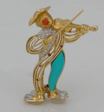 Load image into Gallery viewer, 18k Yellow Gold Diamond Ruby Coral Turquoise Clown Violinist Pin Brooch
