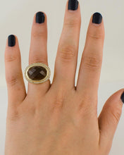 Load image into Gallery viewer, 14k Yellow Gold Beveled Cut Oval Brown Topaz Halo Statement Ring