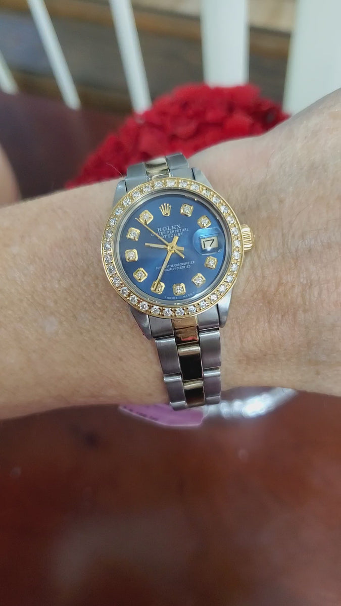 Ladies 26mm Rolex Datejust Two Tone Oyster Blue Diamond Dial