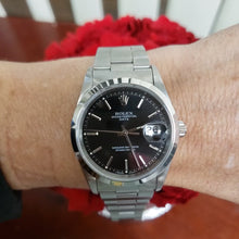 Load and play video in Gallery viewer, 34mm Rolex Date 1996 Stainless Steel Oyster Perpetual Auto Black Dial 15200