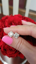 Load and play video in Gallery viewer, 1 1/4ct T.W. Princess Diamond Halo Stud Screw Back Earrings in 14k White Gold