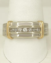 Load image into Gallery viewer, Mens 10k Two Tone Gold 1/5ct Round Diamond Seven Stone Ribbed Wedding Band Ring