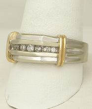 Load image into Gallery viewer, Mens 10k Two Tone Gold 1/5ct Round Diamond Seven Stone Ribbed Wedding Band Ring