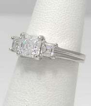 Load image into Gallery viewer, GIA Platinum 1 3/4ctw Square Emerald Step Cut Three Stone Engagement Ring VS1/G
