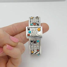 Load image into Gallery viewer, Aaron John Sterling Silver Cabochon Stone Tribal Cuff Bracelet 57.3g 6 1/2"
