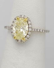 Load image into Gallery viewer, GIA 18k White Gold 2.00ct Oval Yellow Round White Diamond Halo Engagement Ring