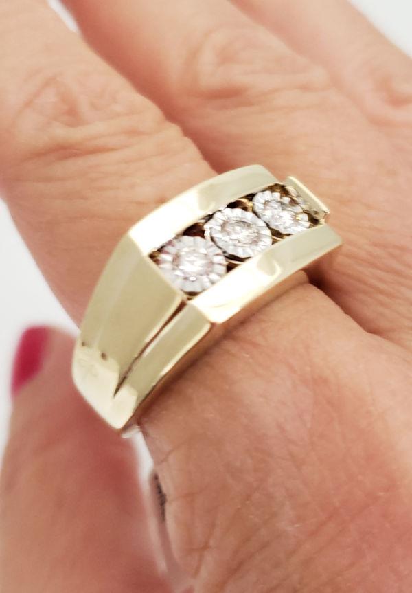 Mens Diamond Three Stone Rectangle Ring In 10k Yellow Gold