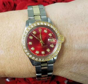 Ladies 26mm Rolex Datejust Two Tone Oyster Red Diamond Dial Bezel Auto 6917