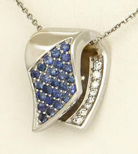 Load image into Gallery viewer, 585 14k WHITE GOLD 1/2ct BLUE SAPPHIRE 1/10ct DIAMOND RIBBON SLIDE PENDANT 3/4"