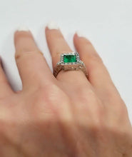 Load image into Gallery viewer, LADIES 14k WHITE GOLD 2.65ct PRINCESS CUT EMERALD 1/4ct ROUND DIAMOND HALO RING