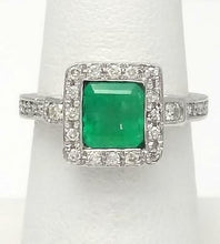 Load image into Gallery viewer, LADIES 14k WHITE GOLD 2.65ct PRINCESS CUT EMERALD 1/4ct ROUND DIAMOND HALO RING