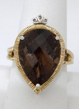 Load image into Gallery viewer, LADIES TWO TONE 14K YELLOW WHITE GOLD 10ct PEAR SMOKY TOPAZ STATEMENT RING 8 3/4