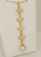 Load image into Gallery viewer, 14k YELLOW GOLD 1/4ct DIAMOND FLOWER DANGLE SOUTH SEA PEARL LONG DROP PENDANT 4"