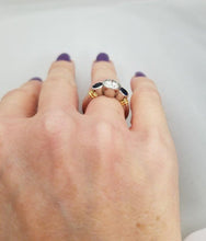 Load image into Gallery viewer, PLATINUM 750 1.17ct DIAMOND .50ct SAPPHIRE THREE STONE BEZEL SET ENGAGEMENT RING