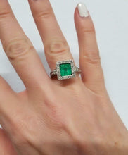 Load image into Gallery viewer, LADIES 14k WHITE GOLD 2.65ct PRINCESS CUT EMERALD 1/4ct ROUND DIAMOND HALO RING