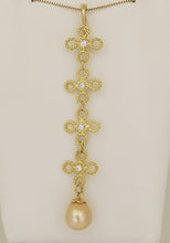 Load image into Gallery viewer, 14k YELLOW GOLD 1/4ct DIAMOND FLOWER DANGLE SOUTH SEA PEARL LONG DROP PENDANT 4"
