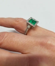Load image into Gallery viewer, LADIES 14k WHITE GOLD 2.65ct PRINCESS CUT EMERALD 1/4ct ROUND DIAMOND HALO RING