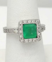 Load image into Gallery viewer, LADIES 14k WHITE GOLD 2.65ct PRINCESS CUT EMERALD 1/4ct ROUND DIAMOND HALO RING