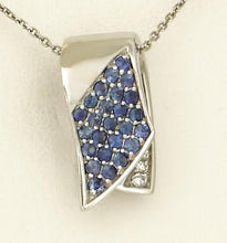 Load image into Gallery viewer, 585 14k WHITE GOLD 1/2ct BLUE SAPPHIRE 1/10ct DIAMOND RIBBON SLIDE PENDANT 3/4"