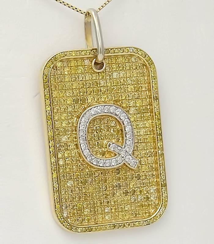 14k YELLOW GOLD 3.00ct YELLOW DIAMOND LETTER Q INITIAL DOG TAG