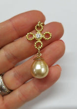Load image into Gallery viewer, 14k YELLOW GOLD 1/4ct DIAMOND FLOWER DANGLE SOUTH SEA PEARL LONG DROP PENDANT 4"