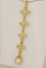 Load image into Gallery viewer, 14k YELLOW GOLD 1/4ct DIAMOND FLOWER DANGLE SOUTH SEA PEARL LONG DROP PENDANT 4"