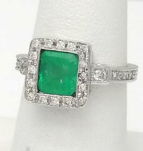 Load image into Gallery viewer, LADIES 14k WHITE GOLD 2.65ct PRINCESS CUT EMERALD 1/4ct ROUND DIAMOND HALO RING