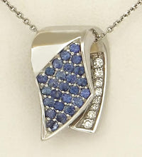 Load image into Gallery viewer, 585 14k WHITE GOLD 1/2ct BLUE SAPPHIRE 1/10ct DIAMOND RIBBON SLIDE PENDANT 3/4"