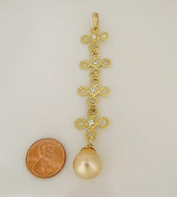 Load image into Gallery viewer, 14k YELLOW GOLD 1/4ct DIAMOND FLOWER DANGLE SOUTH SEA PEARL LONG DROP PENDANT 4"
