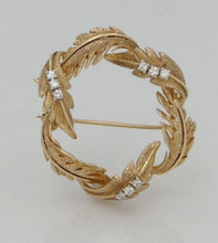 Load image into Gallery viewer, 14k Yellow Gold 1/5c Diamond Textured Wreath Leaf Leaves Pin Brooch 1.31"