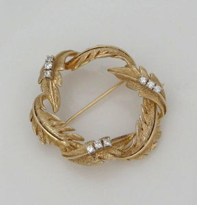 14k Yellow Gold 1/5c Diamond Textured Wreath Leaf Leaves Pin Brooch 1.31"