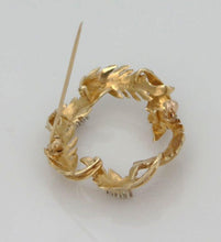 Load image into Gallery viewer, 14k Yellow Gold 1/5c Diamond Textured Wreath Leaf Leaves Pin Brooch 1.31"