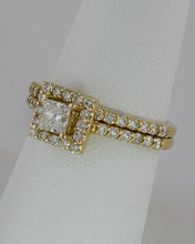 Load image into Gallery viewer, 14k Yellow Gold 1.21ct Total Diamond Princess Halo Engagement Wedding Band Set