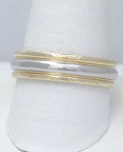 Mens Two Tone 18k Yellow Gold Platinum Carved Design Ribbed Wedding Band