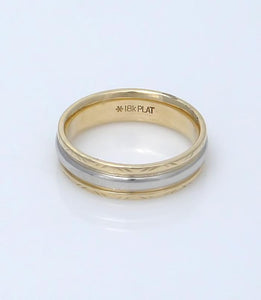 Mens Two Tone 18k Yellow Gold Platinum Carved Design Ribbed Wedding Band