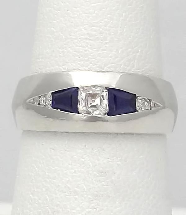 Platinum 1/4ct European Asscher Cut Diamond and Sapphire Band