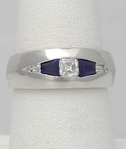 Platinum 1/4ct European Asscher Cut Diamond and Sapphire Band