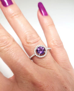 14k White Gold 6mm Round Amethyst & Diamond Halo Ring