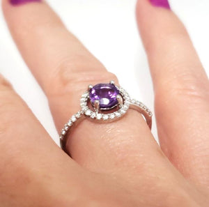 14k White Gold 6mm Round Amethyst & Diamond Halo Ring