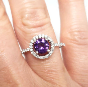 14k White Gold 6mm Round Amethyst & Diamond Halo Ring