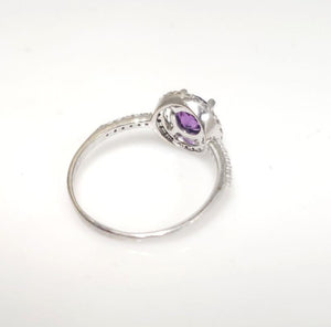 14k White Gold 6mm Round Amethyst & Diamond Halo Ring