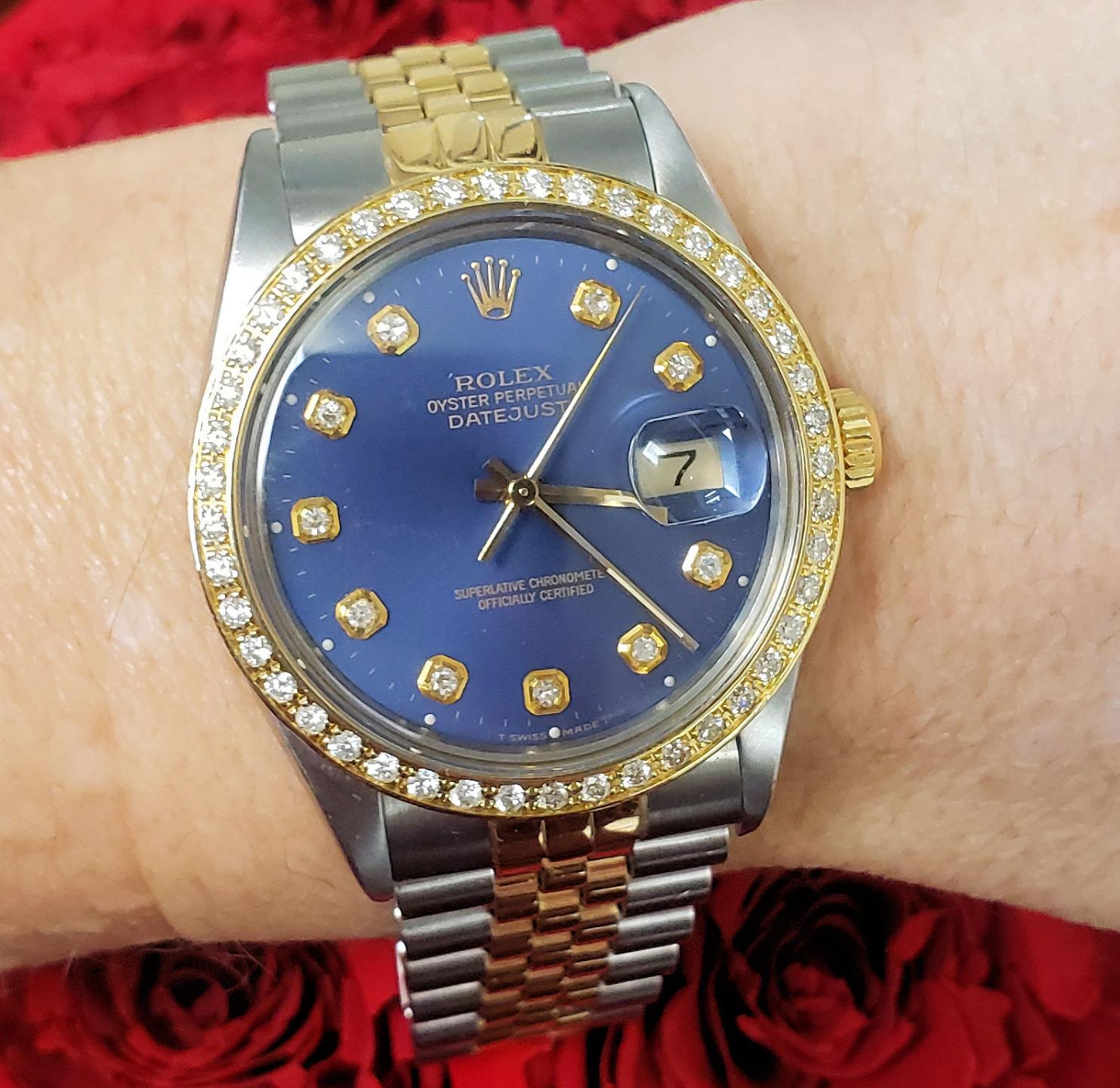36mm Rolex Datejust Two Tone 18k Gold Steel Jubilee Automatic Blue Diamond 16013